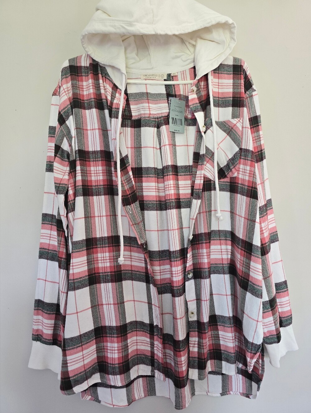 NWT Women's Super Soft Plaid Hoodie. Pink/gray. Cotton/viscose Blend. Large.